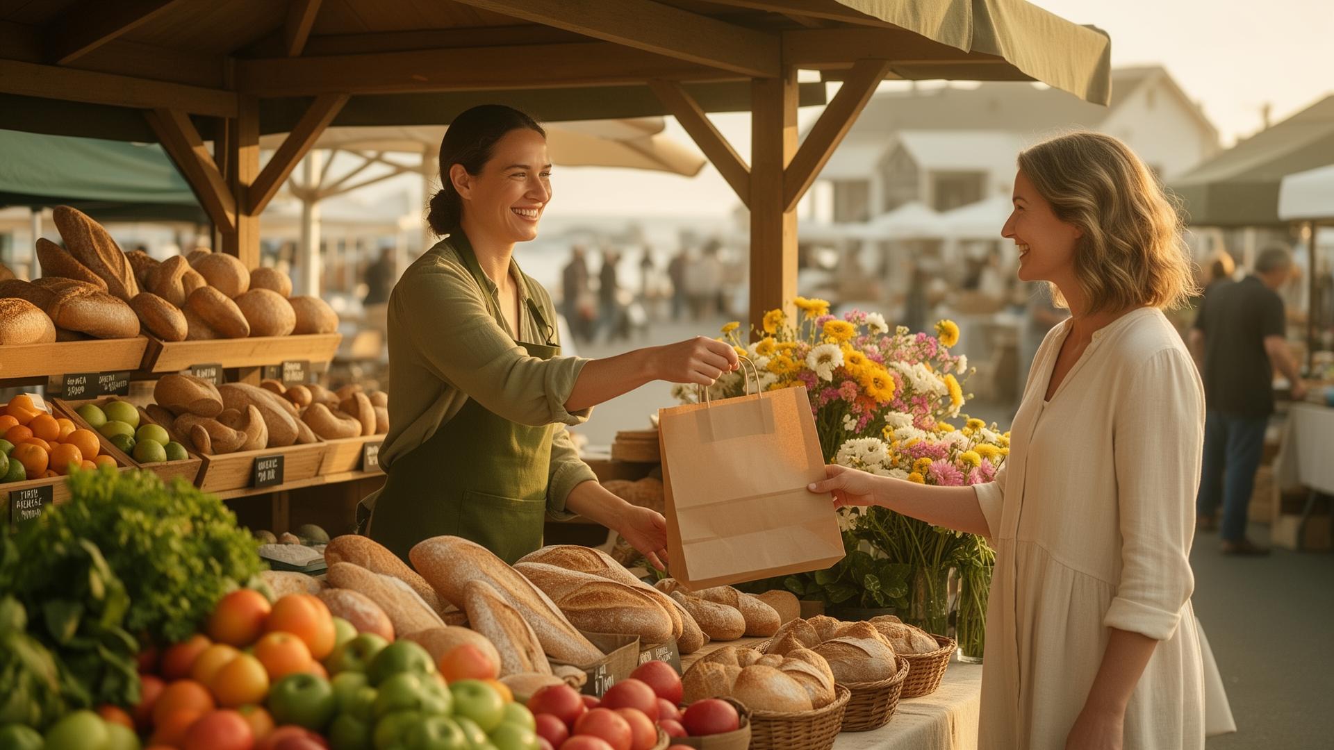 Local farmers market vendor handing a paper bag to a smiling customer